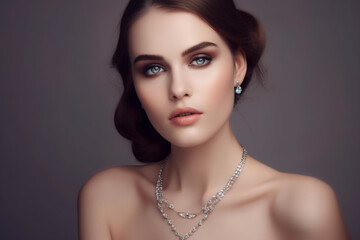 beautiful woman with jewelry on grey background