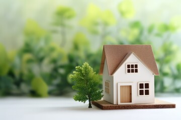 House model with blur nature background, money, saving and investment or family planning concept. Generative Ai.