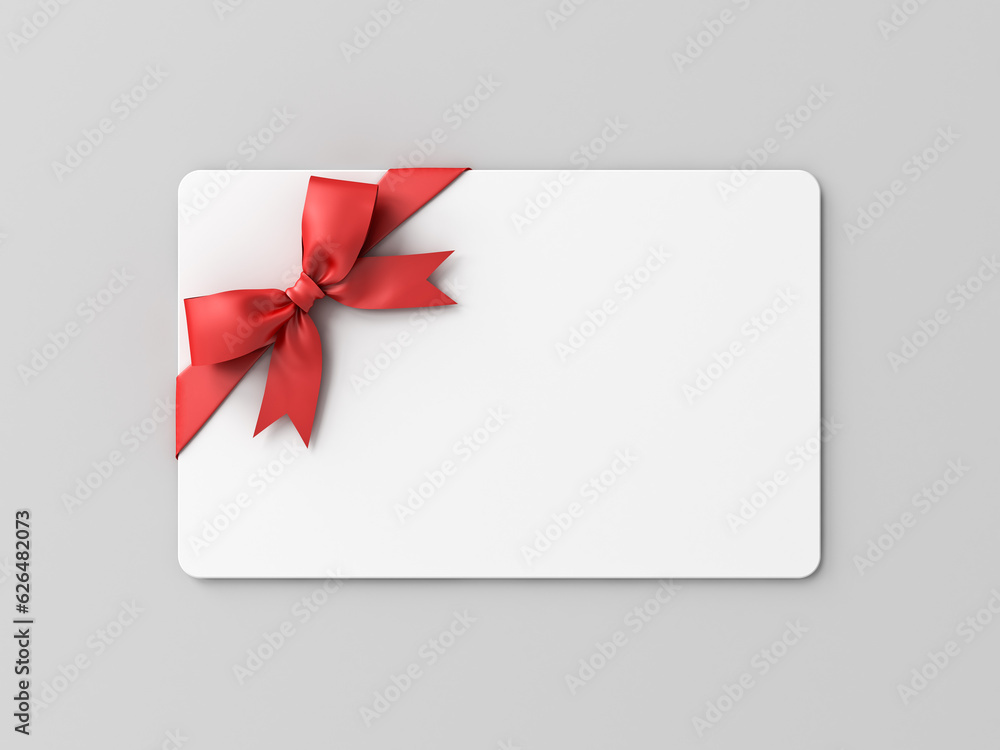 Poster Blank white gift card with red ribbon bow isolated on grey background with shadow minimal conceptual 3D rendering