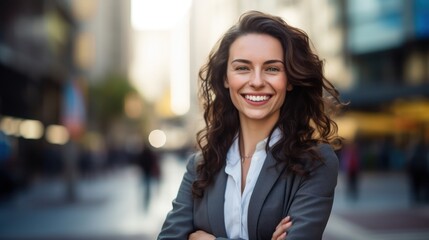 Naklejka premium Young confident smiling business woman standing on busy street, portrait. Proud successful female entrepreneur wearing suit posing with arms crossed look at camera in big city outdoors. Generative Ai