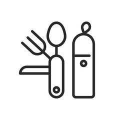Camping Utensils Icon. Vector Line Illustration of a Folding Knife with Fork, Spoon, and Other Tools for Outdoor Dining.