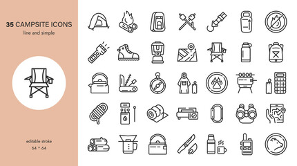 Campsite Icons. Vector Collection of Outdoor Camping and Hiking Equipment, Wildlife Alarms, Forest Leisure Activity and Travel Symbols. 
