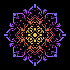 Color circular pattern in form of mandala with flower for decoration or print. Decorative ornament in ethnic oriental style. Rainbow design on black background.
