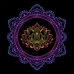 Circular pattern in form of mandala with lotus flower for Henna, Mehndi, tattoo, decoration. Decorative ornament in ethnic oriental style. Rainbow pattern on black background.