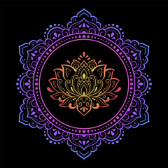 Obraz premium Circular pattern in form of mandala with lotus flower for Henna, Mehndi, tattoo, decoration. Decorative ornament in ethnic oriental style. Rainbow pattern on black background.