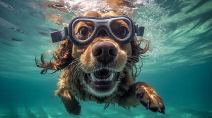 Obraz na płótnie Canvas a freediver dog dives in clear water in summer.