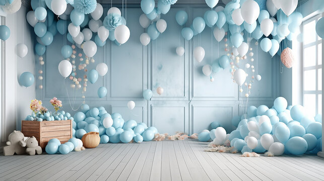 the studio is decorated with balloons blue holiday.