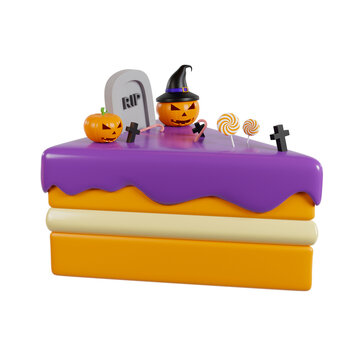 Halloween Cake with pumpkins,  gravestone, and Candies. 3D Illustration. 