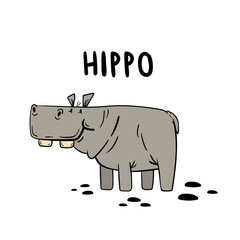Cute Hippo. Hand drawn hippo isolated on white background. Vector stock illustration.