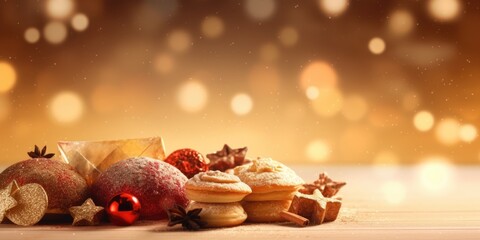 Festive banner with homemade cookies, sugar powder, neutral background, tasty bisquits close-up.