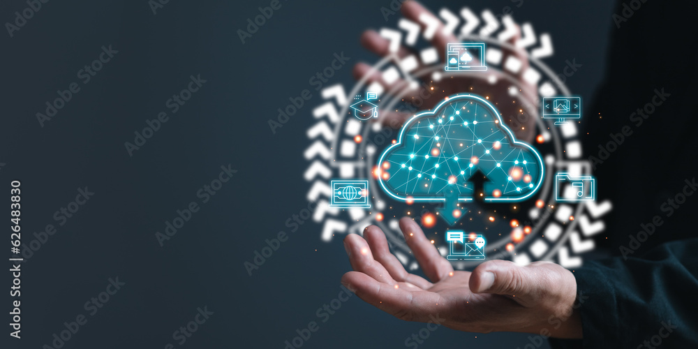 Aufkleber hand touch cloud computing diagram show on hand.data storage.the use of online digital network techn