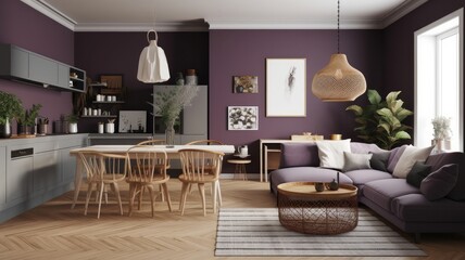 scandinavian design dining room area home design ideas creative interior space with scandinavian deciration with wooden and nature loose furniture with feature colour wall accent,ai generate