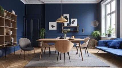 scandinavian design dining room area home design ideas creative interior space with scandinavian deciration with wooden and nature loose furniture with feature colour wall accent,ai generate