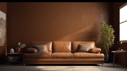front view mock up room leather classic sofa with wall backdrop template interior room design background clean clear home space interior daylight,ai generate