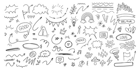 Pen liner doodle elements, crown, emphasis arrow, speech bubble, scribble. Handdrawn cute cartoon pencil sketches of decorative icons. Vector illustration of cloud, highlight, explosion, heart