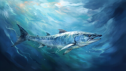 Sleek barracuda, a predator of the seas, depicted in an alluring image amid swirling blue smoke, exuding an aura of mystery and power.