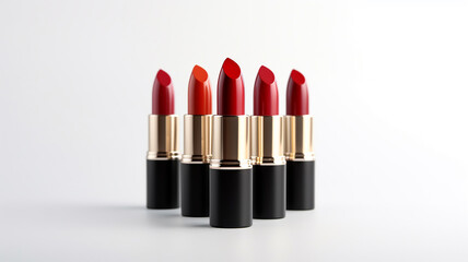 a group of red lipstick on a white background.