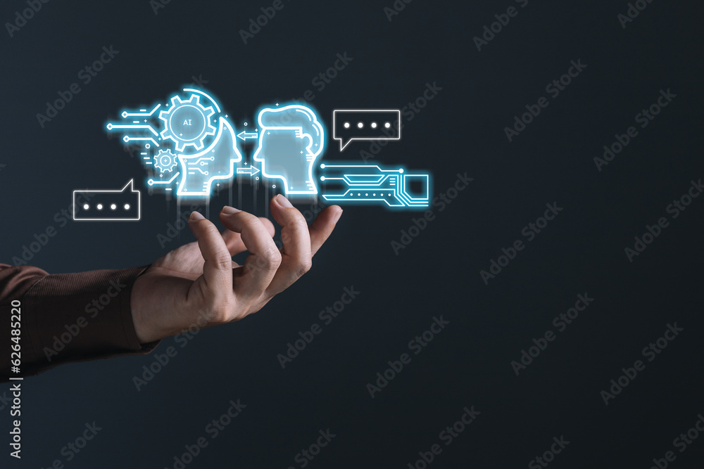 Aufkleber man holding command prompt ai chat. big data storage.digital artificial intelligence (ai) technology