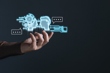 man holding command prompt ai chat. Big data storage.Digital Artificial Intelligence (AI) technology disruption concept. We are implementing storage technology support in the business.