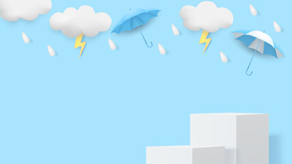 Monsoon season theme product display podium. Design with clouds and raining drops on blue sky background. vector.