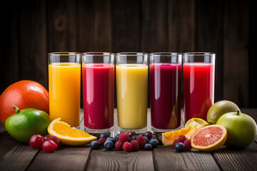 Fototapeta na wymiar Vivid Splash of Various Fruit Juices in Clear Glasses on Rustic Wooden Background
