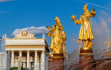 Fototapeta premium Moscow, Russia - 07.09.2023 - Shot of the famous fountain at Exhibition of Achievements of National Economy site, known as VDNKH. Landmark