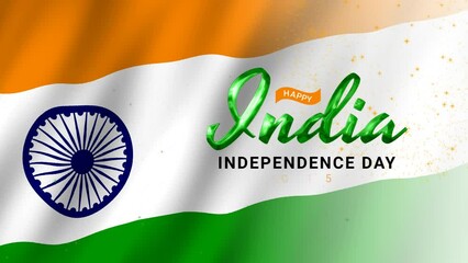 Happy India Independence Day greeting animation 2023, lettering text with waving flag background and fireworks splash, Happy Independence India concept, for banner, social media feed wallpaper stories
