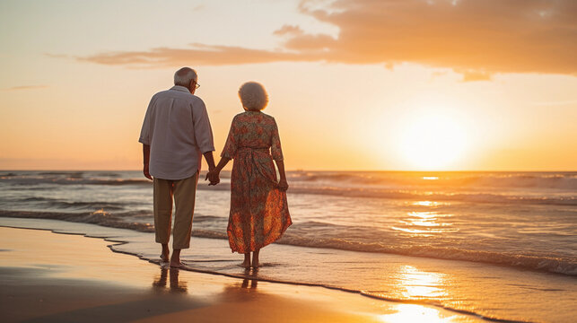 Elderly couple holding hands at sunset on a quiet beach, evoking a sense of lifelong love and companionship. The colors are warm and the composition is in silhouette