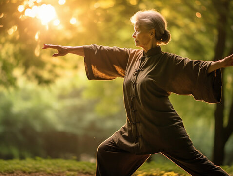 Colorful, vibrant image of a senior woman engaging in Tai Chi in a lush green park during sunrise. The lighting is soft and warm, accentuating her peaceful expressions