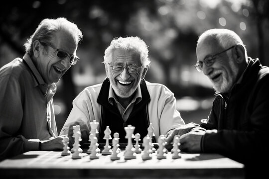 Black and white, high contrast image of a group of elderly friends playing chess in a park on a sunny day. The image captures joy, companionship and mental sharpness
