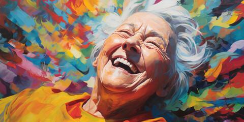 Abstract painting of a smiling elderly woman, vibrant colors, exaggerated features, emphasizing joy and vitality, acrylic on canvas