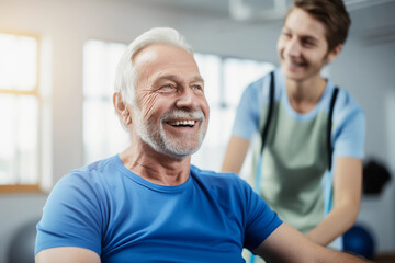Obraz premium A healthcare worker assisting an elderly man with his daily exercises in a well - lit, clean physiotherapy center. The setting is minimalistic and the focus is on the patient's determined face