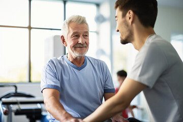 Fototapeta na wymiar A healthcare worker assisting an elderly man with his daily exercises in a well - lit, clean physiotherapy center. The setting is minimalistic and the focus is on the patient's determined face