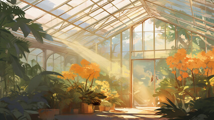 A digital painting of a modern greenhouse in a lush garden, filled with an array of different plants. Subtle sun rays filtering through glass panels, emphasizing sustainable agriculture. Soft, pastel 