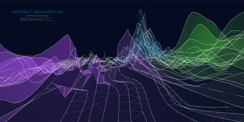 Abstract  background wavy color grid with lines on dark.  Big Data. Technology concept data waves  in virtual.  Banner for business, science and technology data analytics.