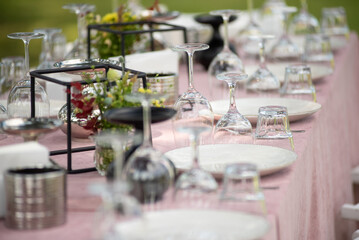 beautiful table setting with flowers and snacks at wedding reception. wedding decorations