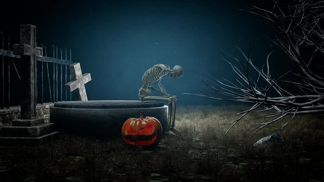 skeleton animation in graveyard halloween footage concept, 3d illustration rendering