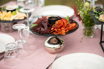 Wedding decorations trends. Wedding table with snack and drink