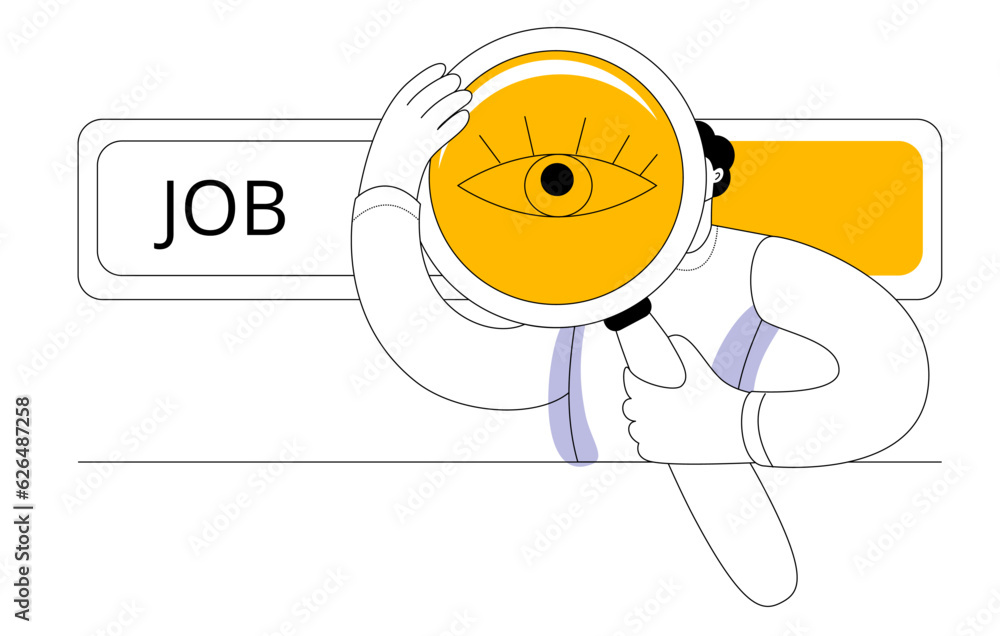 Poster character with a big magnifying glass looking for a job. vector illustration on the theme of help in