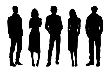 Vector silhouettes of  men and a women, a group of standing   business people, profile, black  color isolated on white background - obrazy, fototapety, plakaty