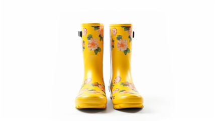 yellow rubber boots with flowers isolated on a white background.