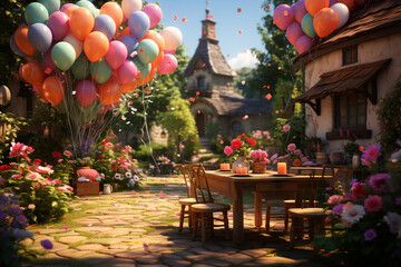 Enchanting garden setting with whimsical balloons, marking a joyous birthday Generative AI