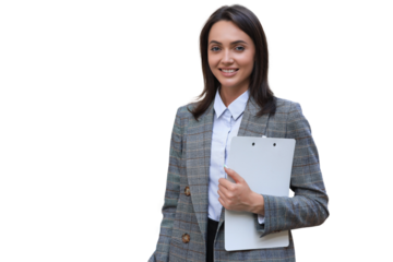 Attractive businesswoman standing near desk in the office.