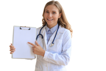 Happy smiling female doctor in white uniform coat and stethoscope.