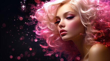 Banner with beautiful woman on stylish modern background. Copy space. Beauty and cosmetics concept. Generative AI