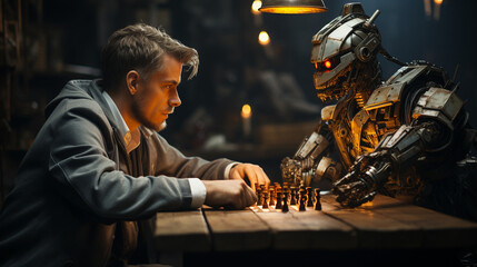 A robot playing chess with a man