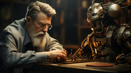 A robot playing chess with a man
