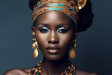 beautiful african woman with jewelry on grey background