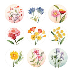 Set of circle shapes, Clip art flowers only in circle, watercolor, clipart flower style