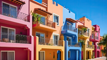 Vivid condominium or hotel with balconies, colorful stucco finish traditional private townhouses, Generative AI